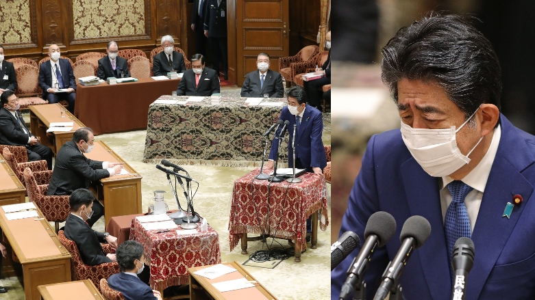 سەرۆکوەزیرانی پێشووی ژاپۆن لەکاتی داوای لێبوردن کردن، وێنە: STR / JIJI PRESS / AFP